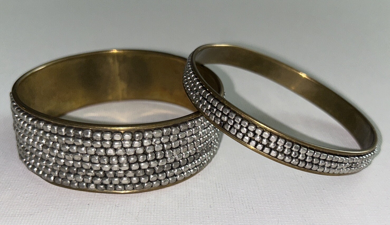 Vintage Silver Tone Metal Beaded Brass Bangle Set Of Two