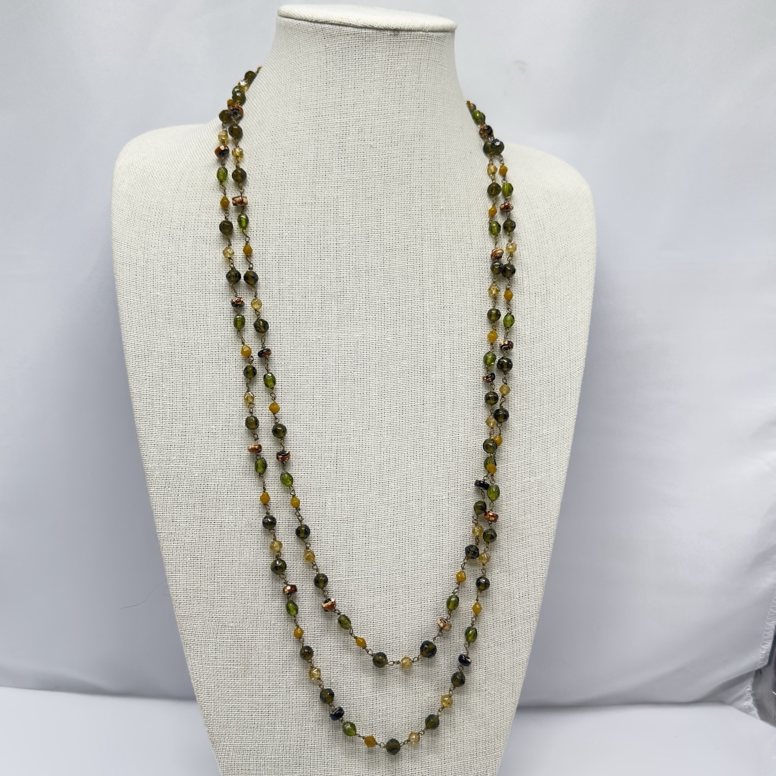 Vintage Art Glass Necklace Earth tones Multi-shape Molded Hand Wired 62″ Opera