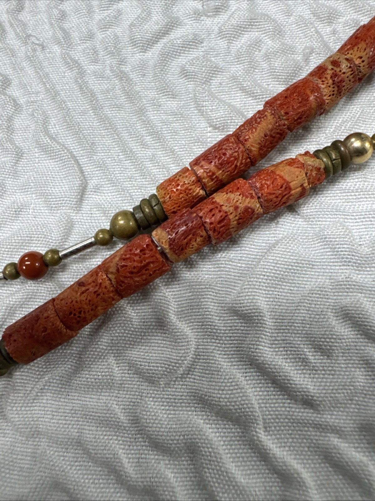 Vintage Natural Red Coral Red / Orange Hue Barrel Shape Gold Spacers 30”Necklace