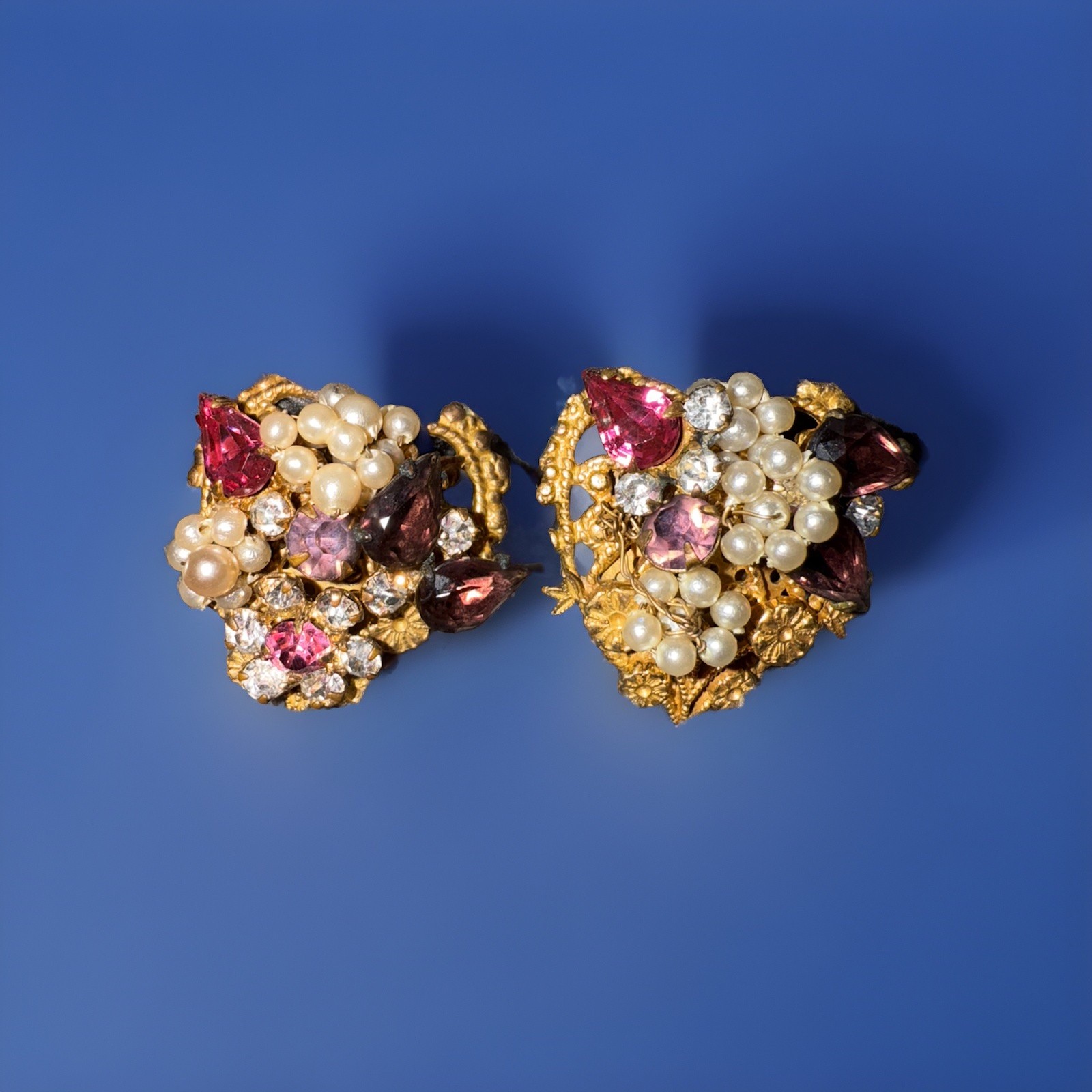 Vintage Earrings Clip Gold-Tone White Pink Purple Flowers (a Few Stones Missing)