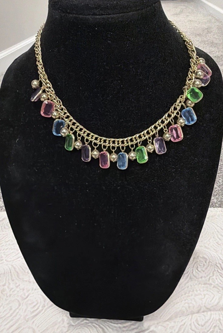 Vintage Gold Plated Multi Color Bezel Set Crystal & Gold Spacer 18” Necklace