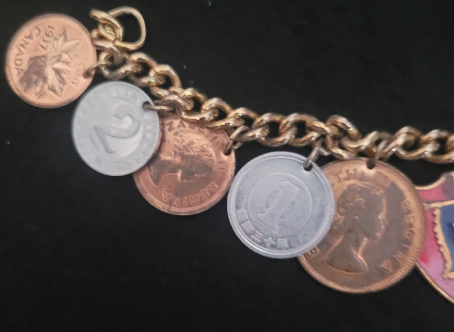 10 1930’s-1950’s Coins World Travel 6” Bracelet Can, Pak, Aut, Zaf, Jpn and Che