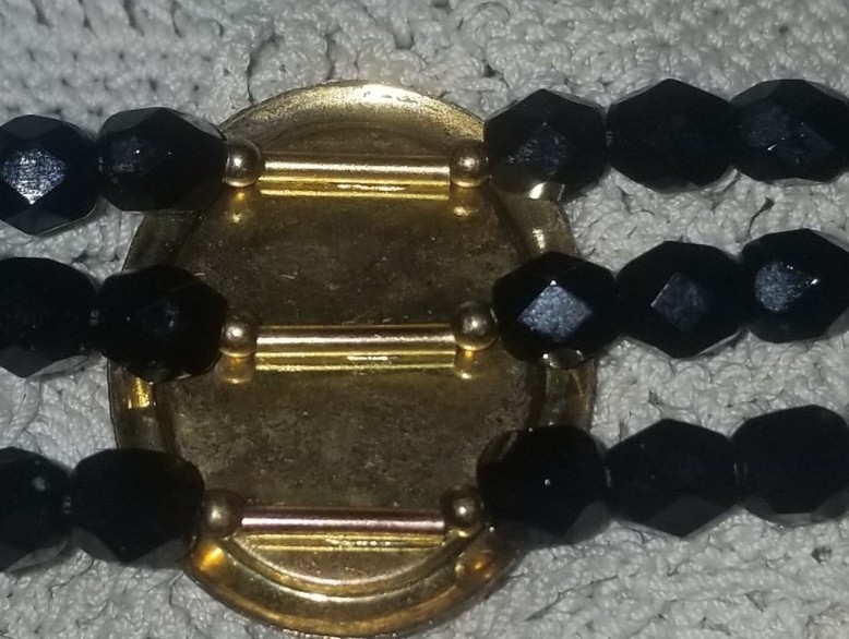 Cameo Necklace, Antique Jet Black Glass,3 Strand Choker, 16 1/2 inch, Gold Tone