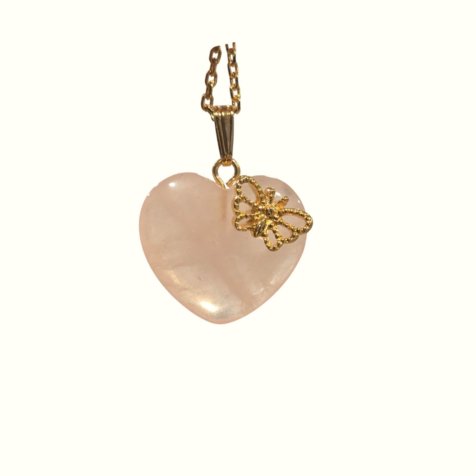 Vintage Avon Rose Quartz Heart Butterfly Pendant Necklace Gold Tone pink Gem