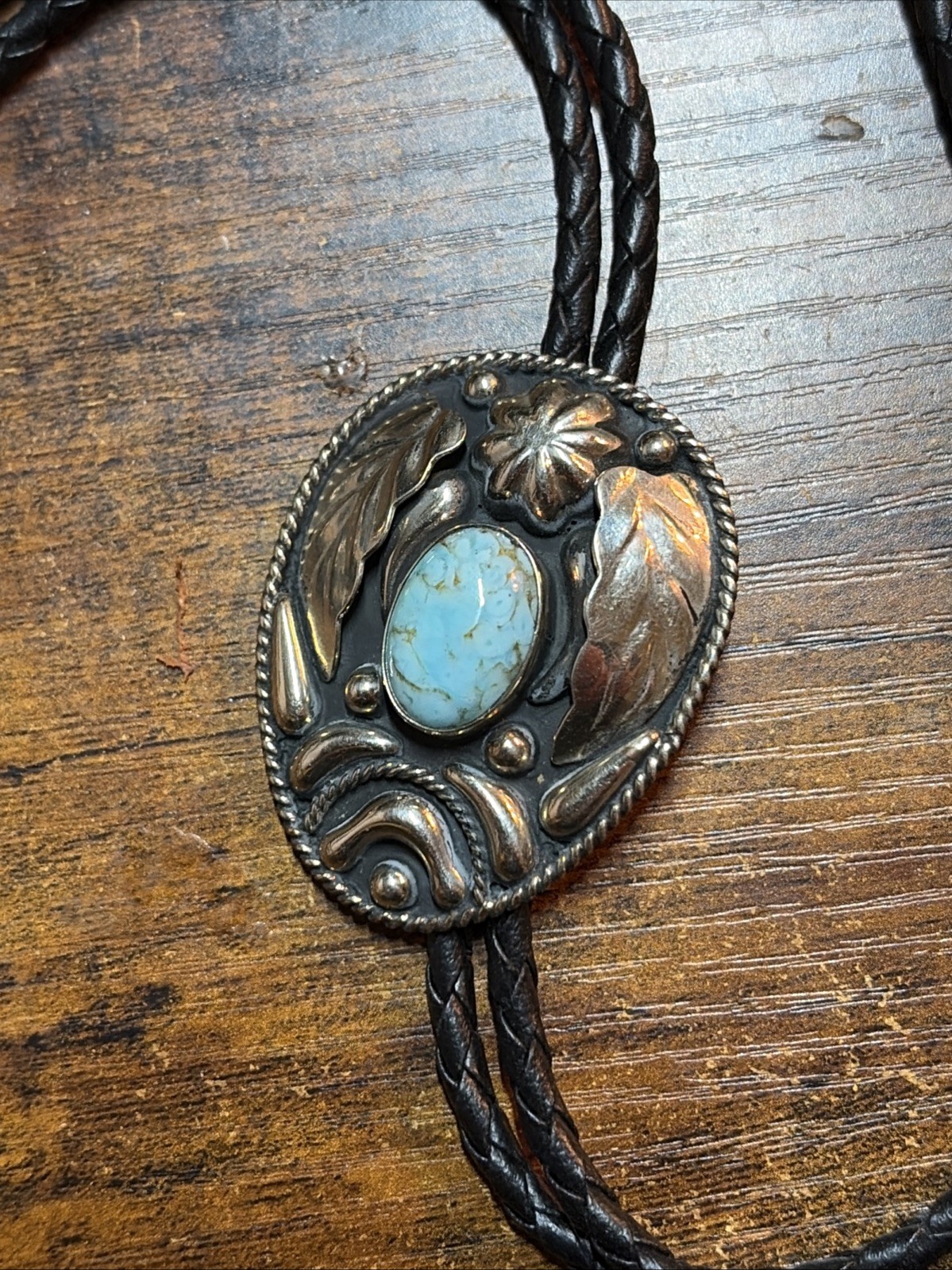 Vintage Alpaca Mexico Cowboy Cowgirl Bolo Tie Necklace Turquoise Western 17-18”