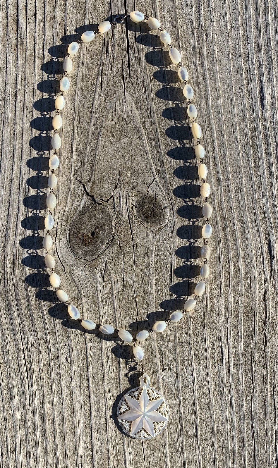 Vintage Mother of Pearl Bead Necklace with Star of Bethlehem MOP Pendant 23”