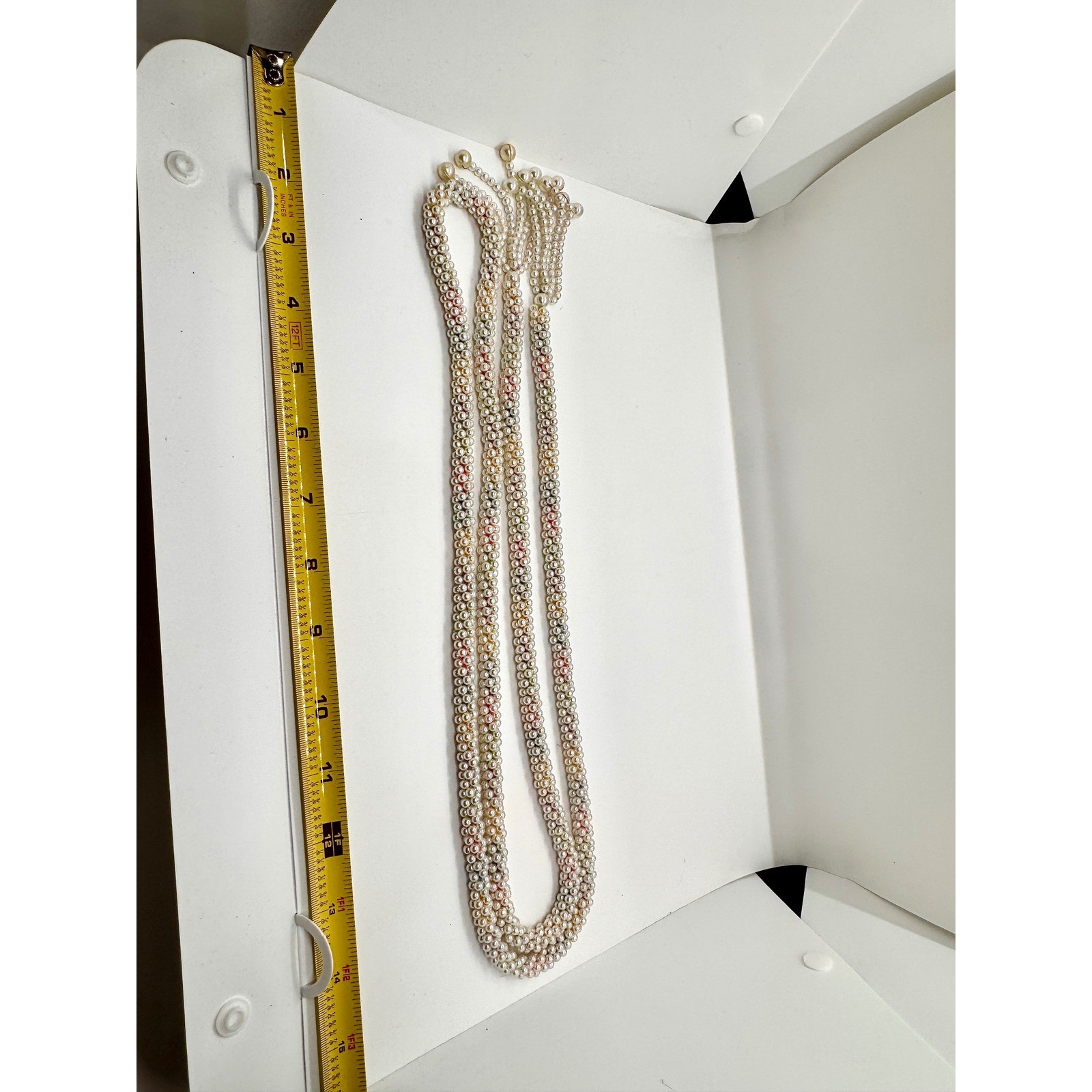 Vintage Faux Pearl Lariat Necklace Multi Strand Woven Tassel Wrap Cream 48 Inch