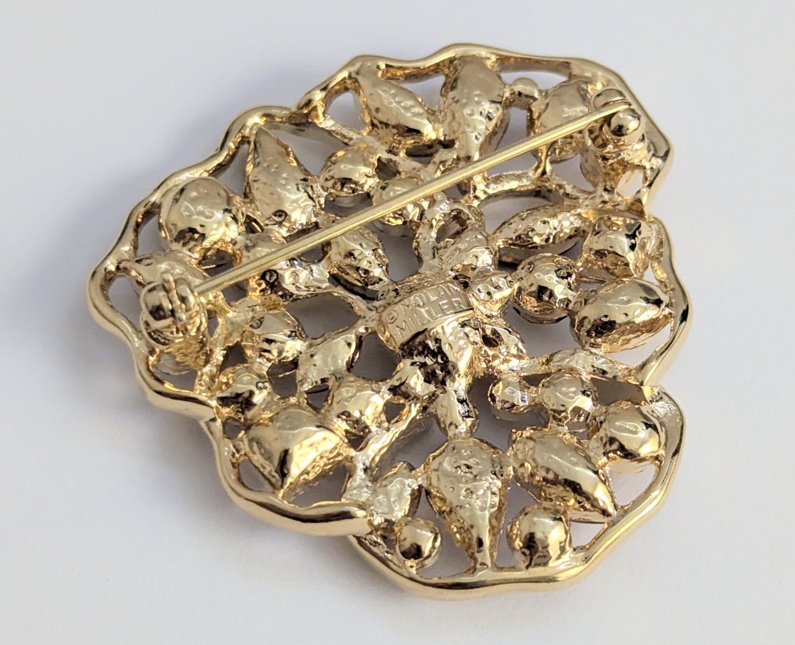 Vtg Signed Nolan Miller Purple Rhinestone Pansy Flower Brooch Gold Tone