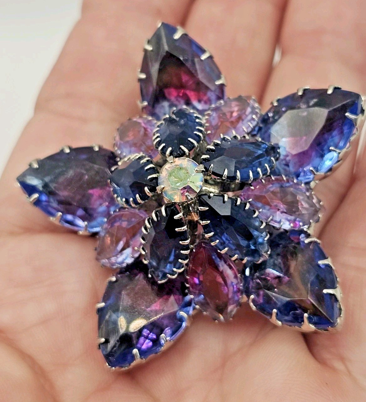 VTG Starburst Domed Purple Blue Pink Vitrail Glass Rhinestone Brooch Silver Tone