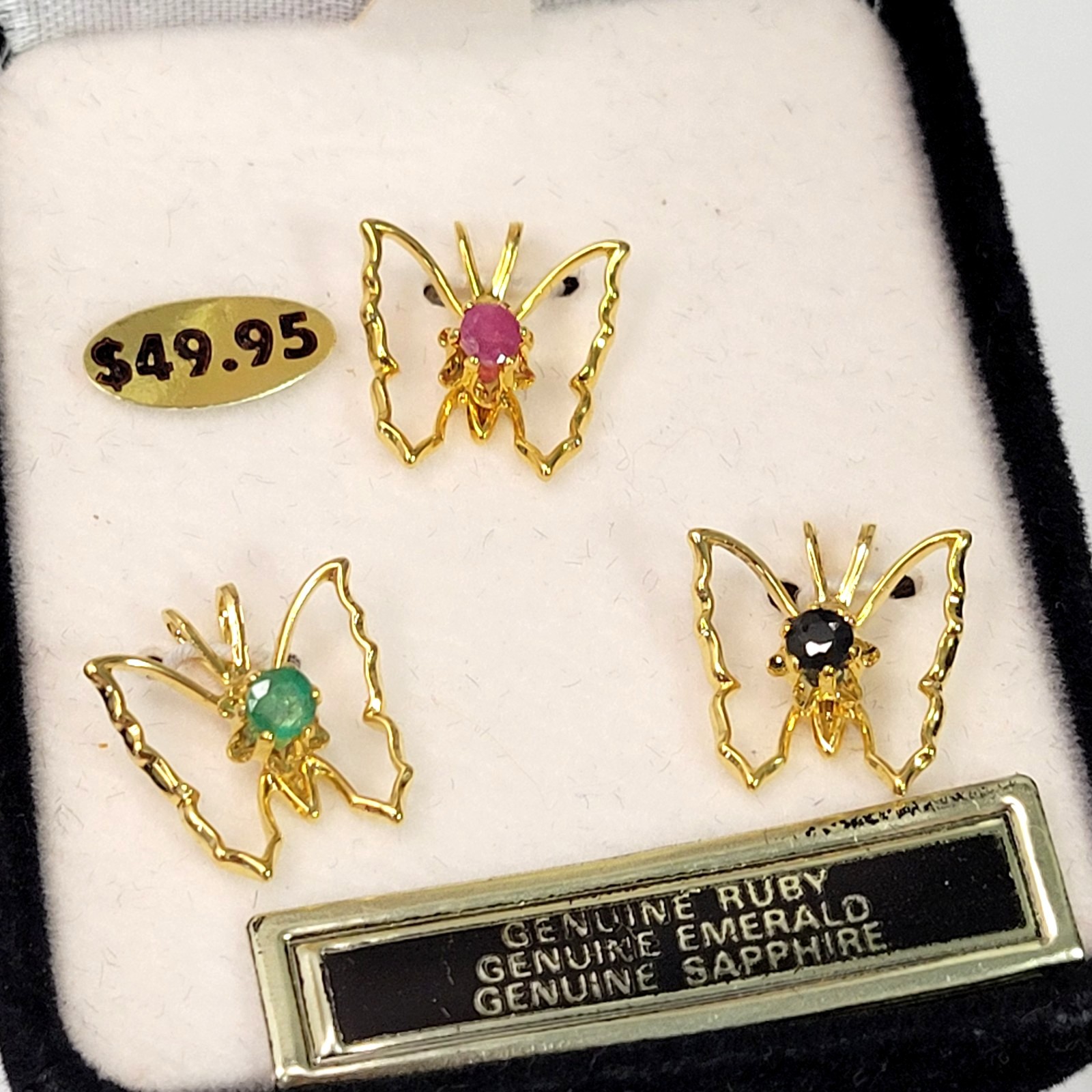 Vtg NIKOLAS 3pc. Butterfly Genuine Gemstone Pendants Set Ruby Emerald Sapphire