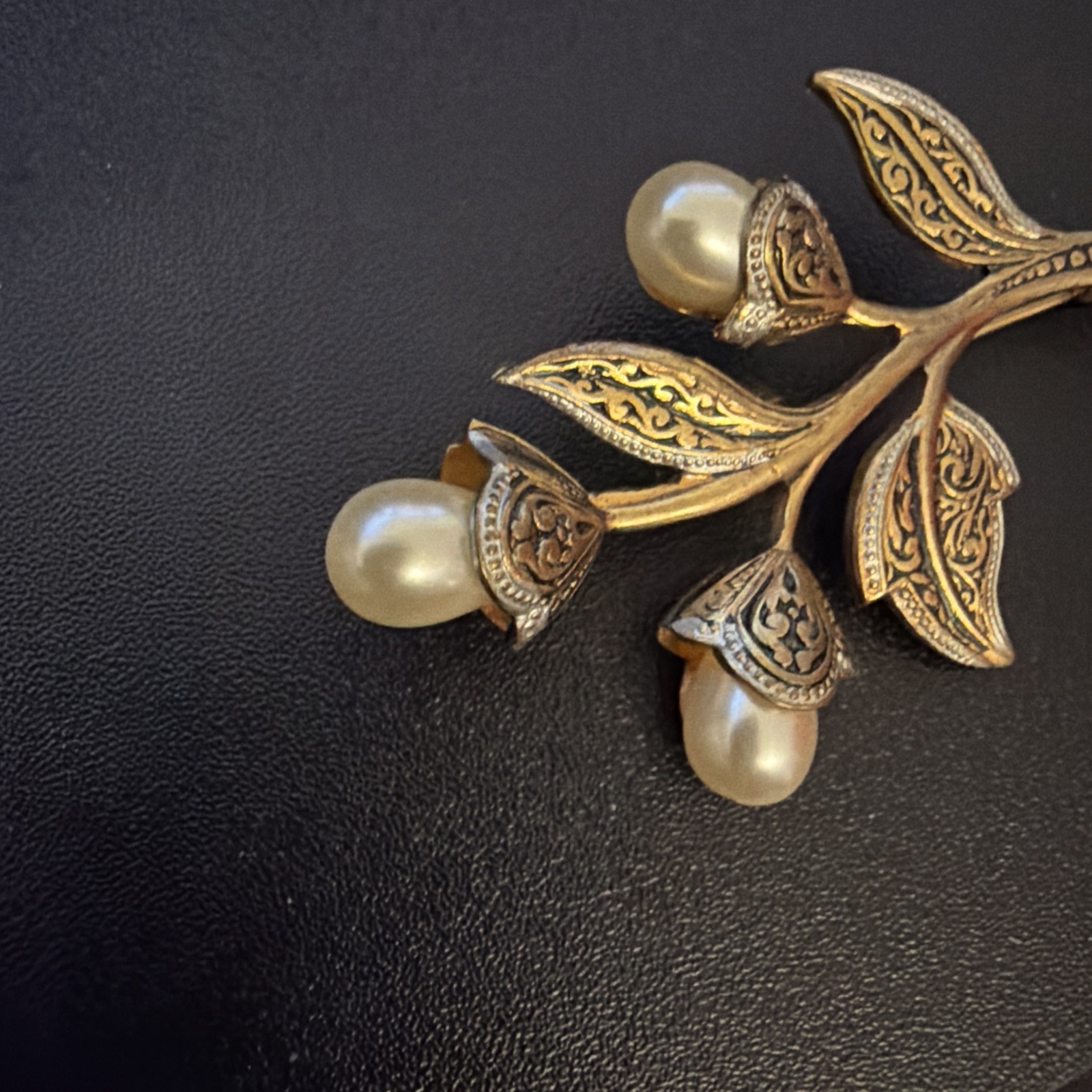 Damascene Brooch Faux Pearl Flower Bouquet Floral Vintage Spanish Estate Pin