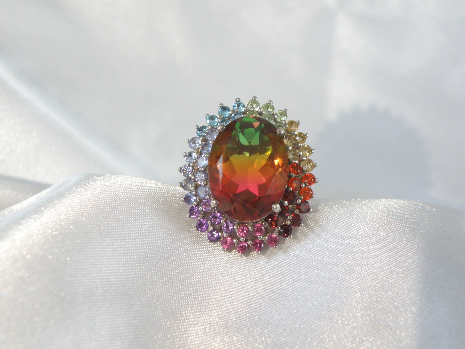 Large Sterling Silver 925 Watermelon Tourmaline Exotic Gemstone Statement Ring 8
