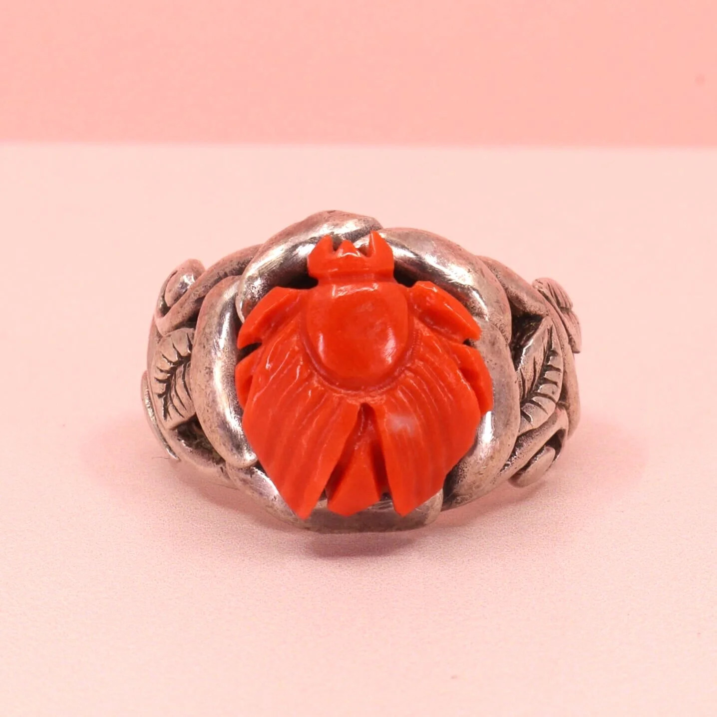 By Danilova, Japanese Satsuma Momo 1.5cm Carved Coral Cameo, Silver Ring, Size Q