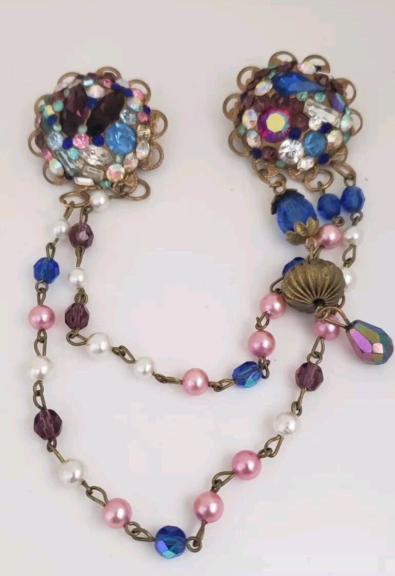 Vintage Double Brooch Sweater Dress Suit Clip Collar Rhinestone Faux Pearl chain