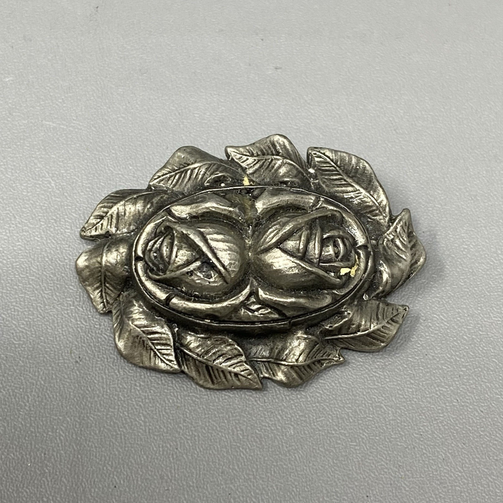 White Swan VTG Pewter Brooch Pin Double Rose Leaf Stacked Edge Silver Tone 1991