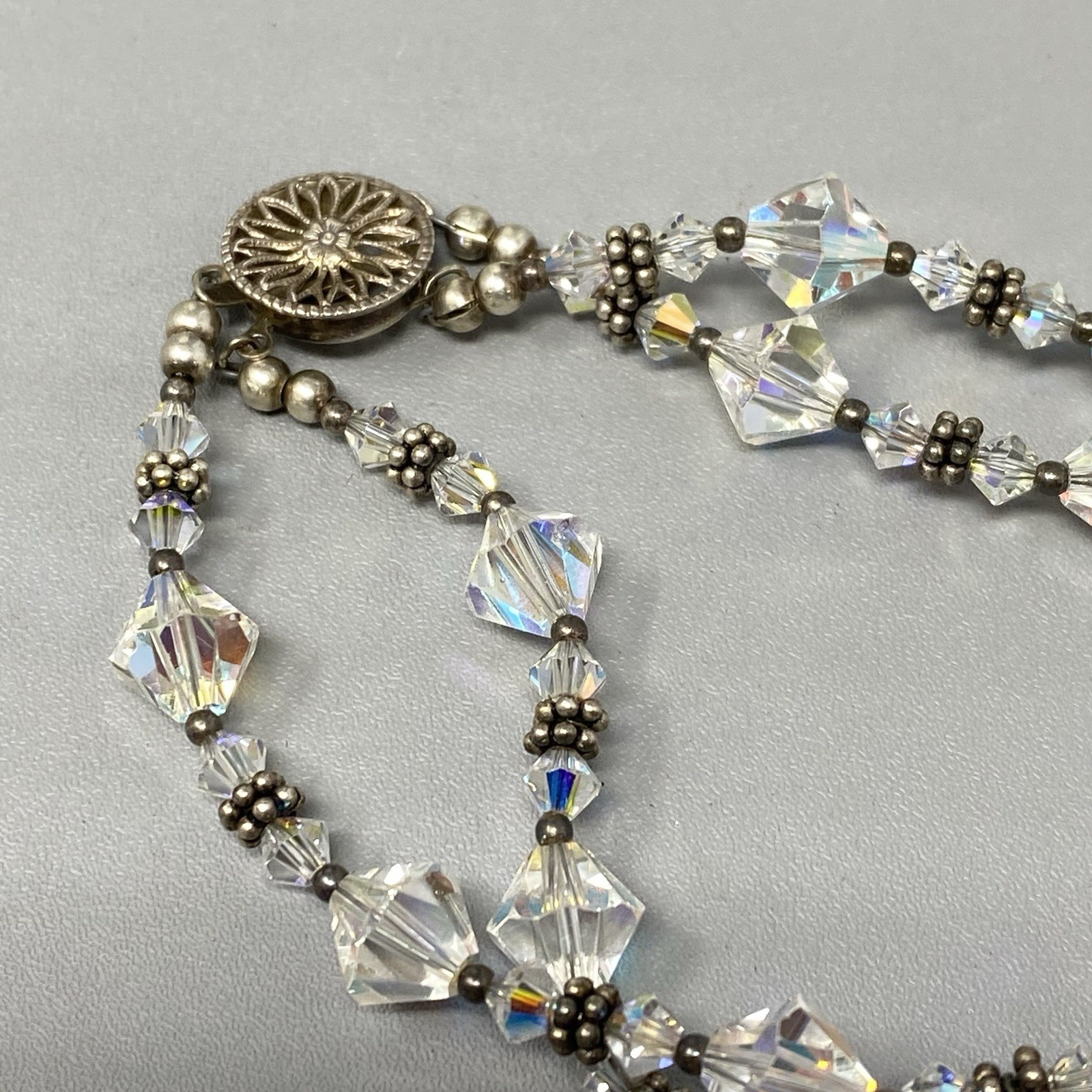 Aurora Borealis Glass Bead Bracelet Bicone Faceted Double Strand Tennis 7.5″