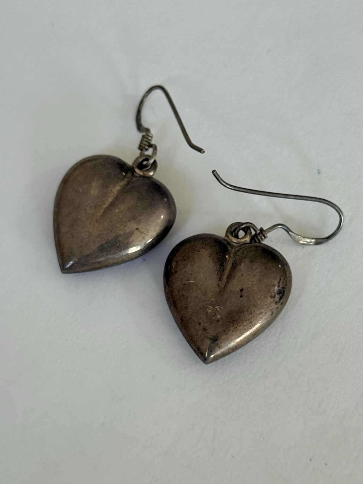 Vintage Sterling Silver 925 Puffy Heart Drop Dangle Hook Earrings