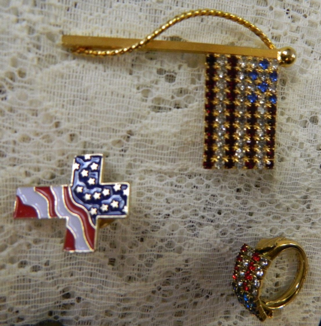 Patriotic America USA Rhinestone Lot – Brooch Pins Flag & Bow Ribbons & Liberty