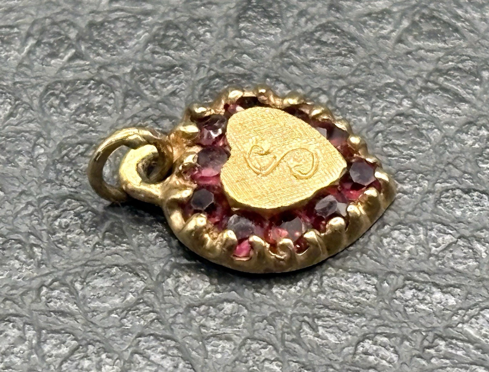 VTG 14K Gold Heart Garnet “S” Mono Engraved Pendant Or Charm Antique Victorian