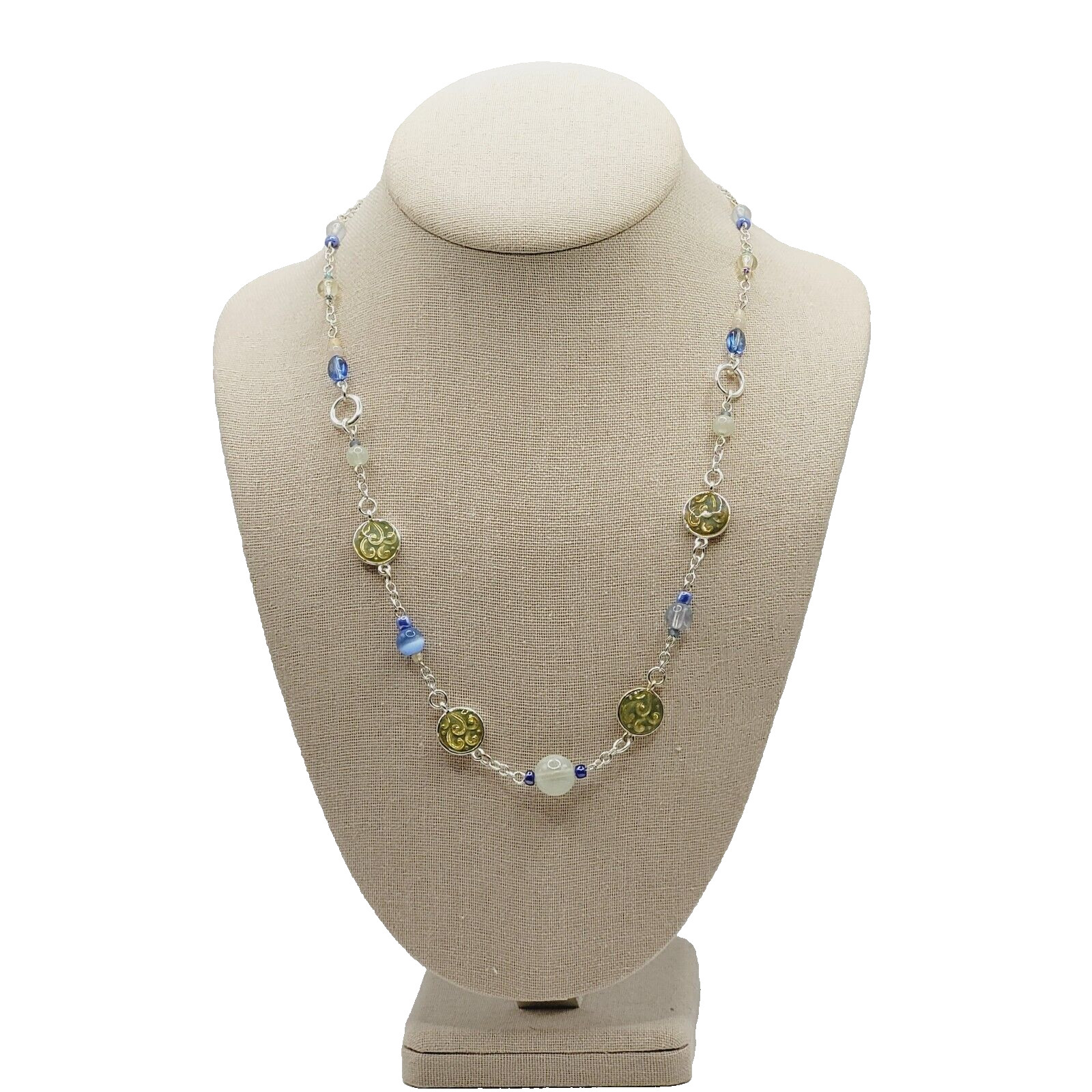 Blue & White Moonstone with Glass & Enamel Silver Tone Chain Necklace KR 24 Inch