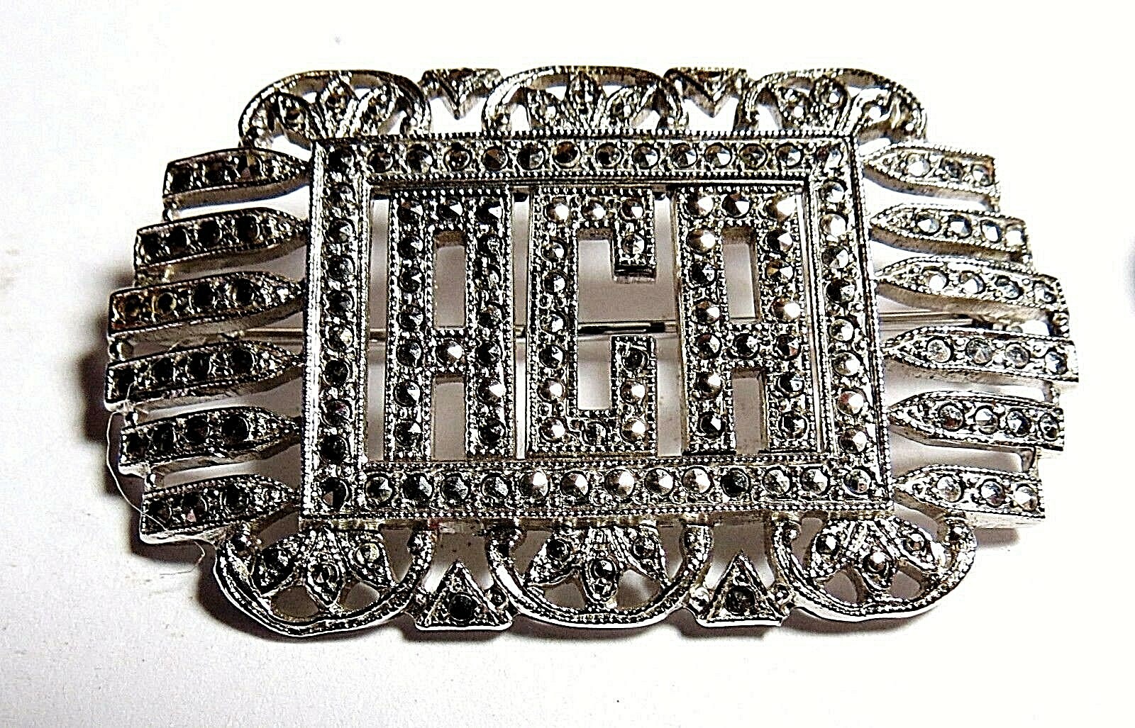 ANTIQUE LARGE LADIES STERLING SILVER ACA MARCASITE STONES PIN BROOCH 9.40 Grams