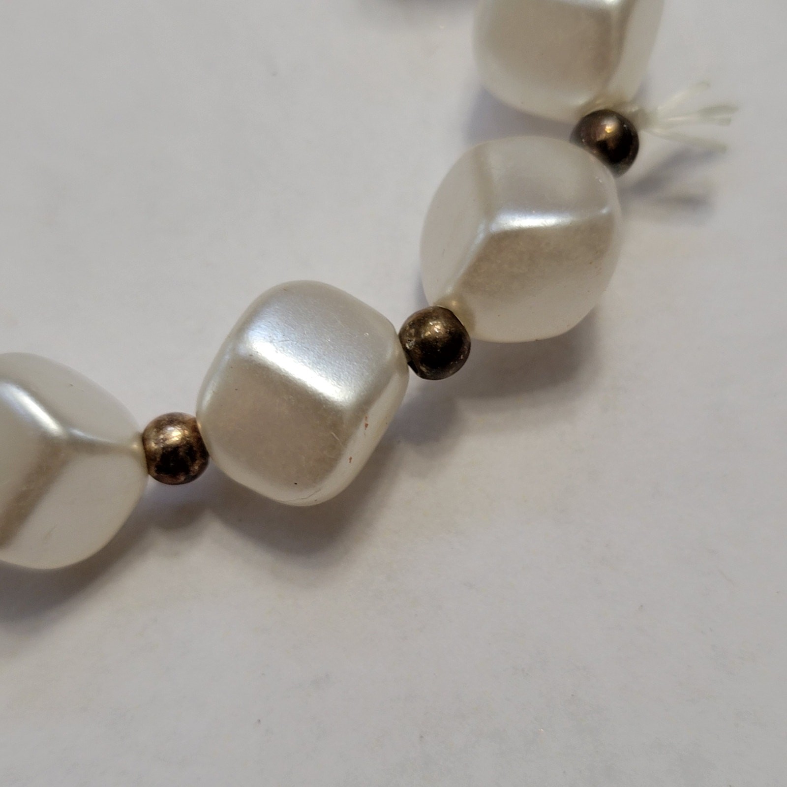 Vintage Faux Pearl Beaded Stretch Bracelet, Square Nugget Beads w Gold Spacers