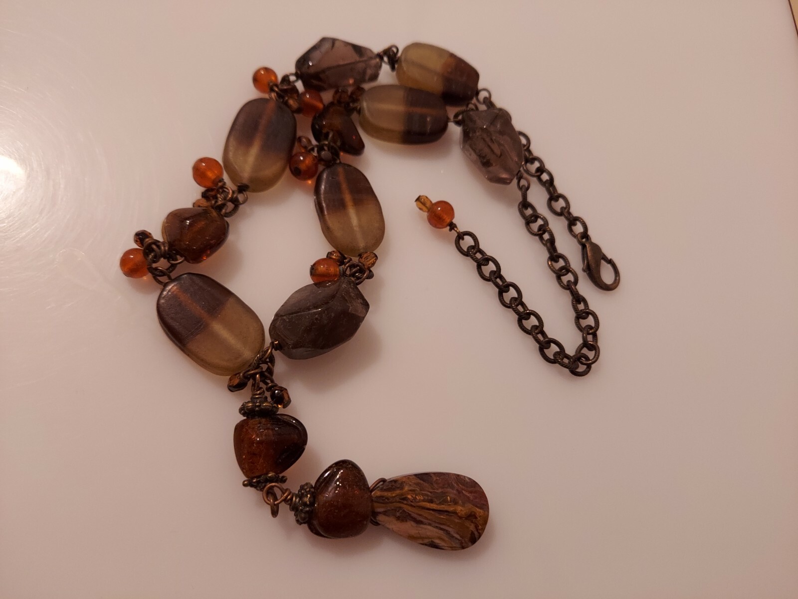 lozenge bead & natural polished stone necklace strand adj. 15″-18″ brown colors