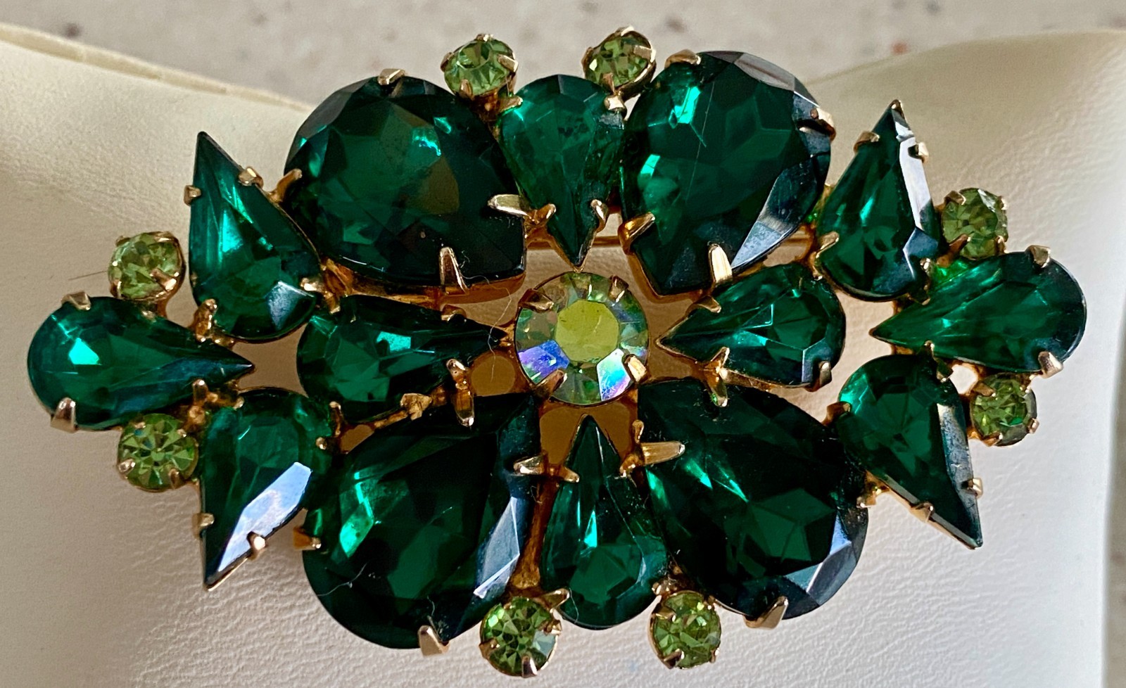 Vintage Emerald Green AB Rhinestone Brooch Faceted Marquise Prong Set