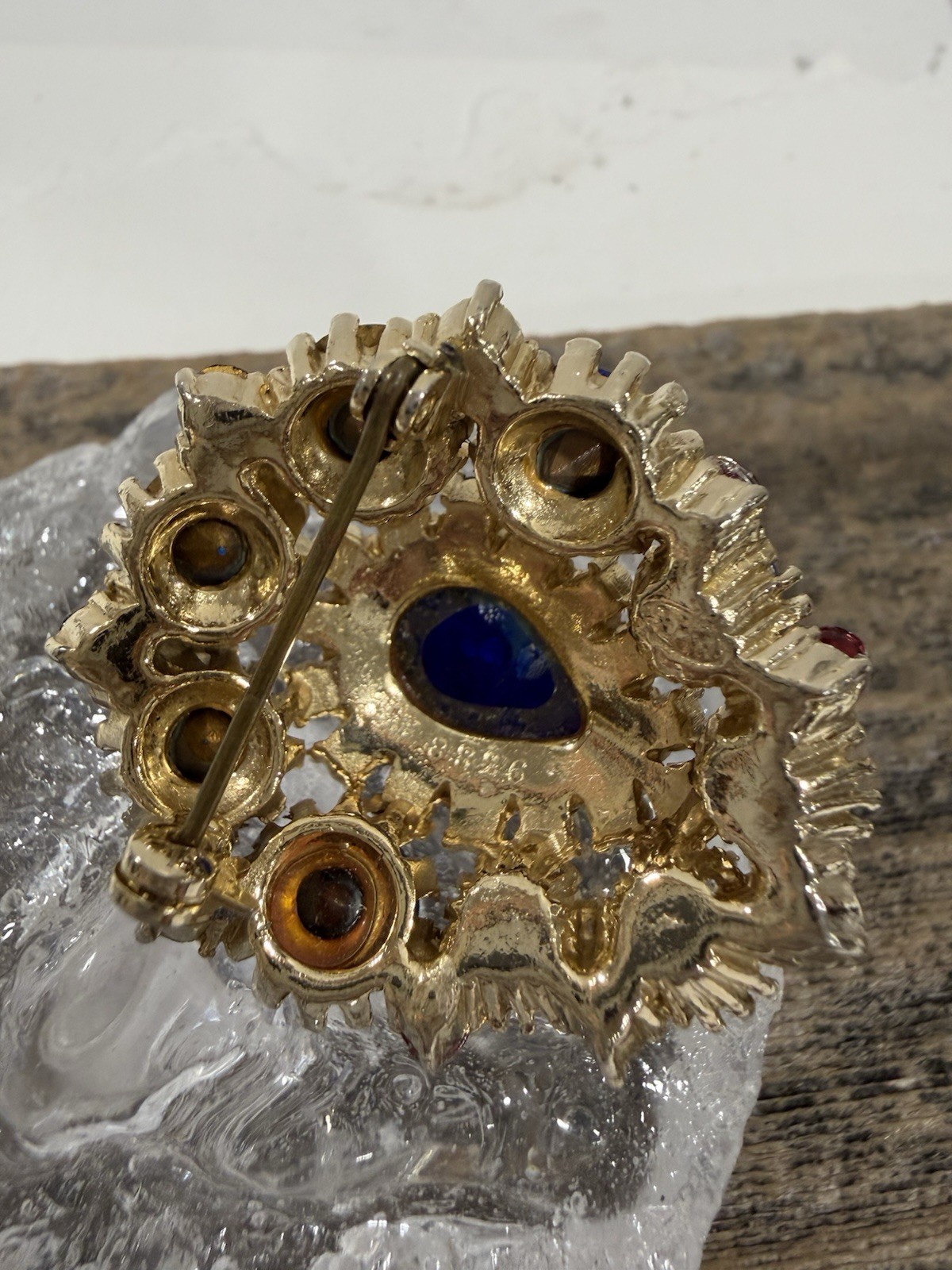 Vintage Brooch Center Teardrop Colbalt Blue AB Rhinestone Ruby Red Accent Stones
