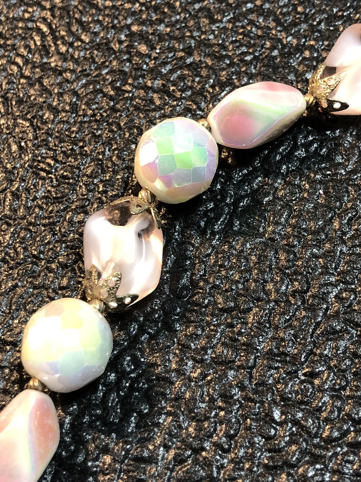 VTG Costume Jewelry Signed TRIFARI Charm,MOP Pinks,Purples,Greens Necklace 17.5”