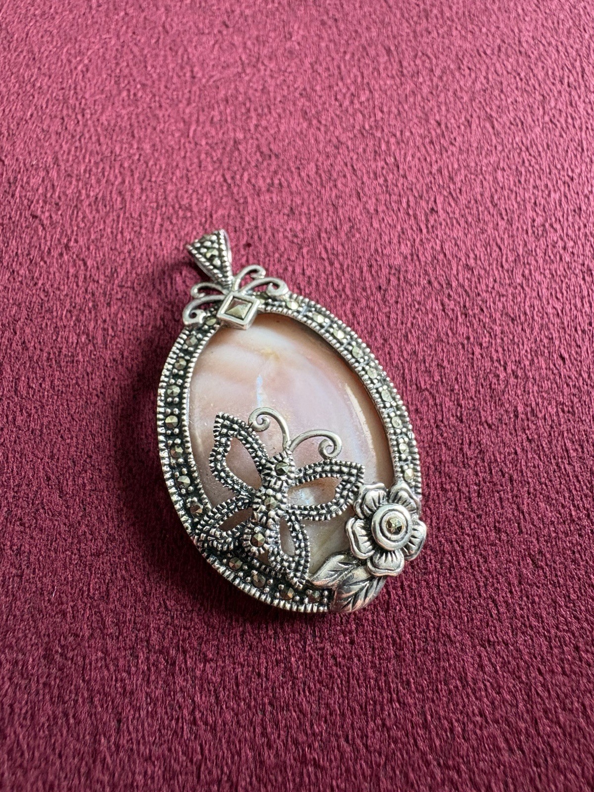 925 Sterling Silver Marcasite Mother of Pearl Butterfly Pendant Vintage