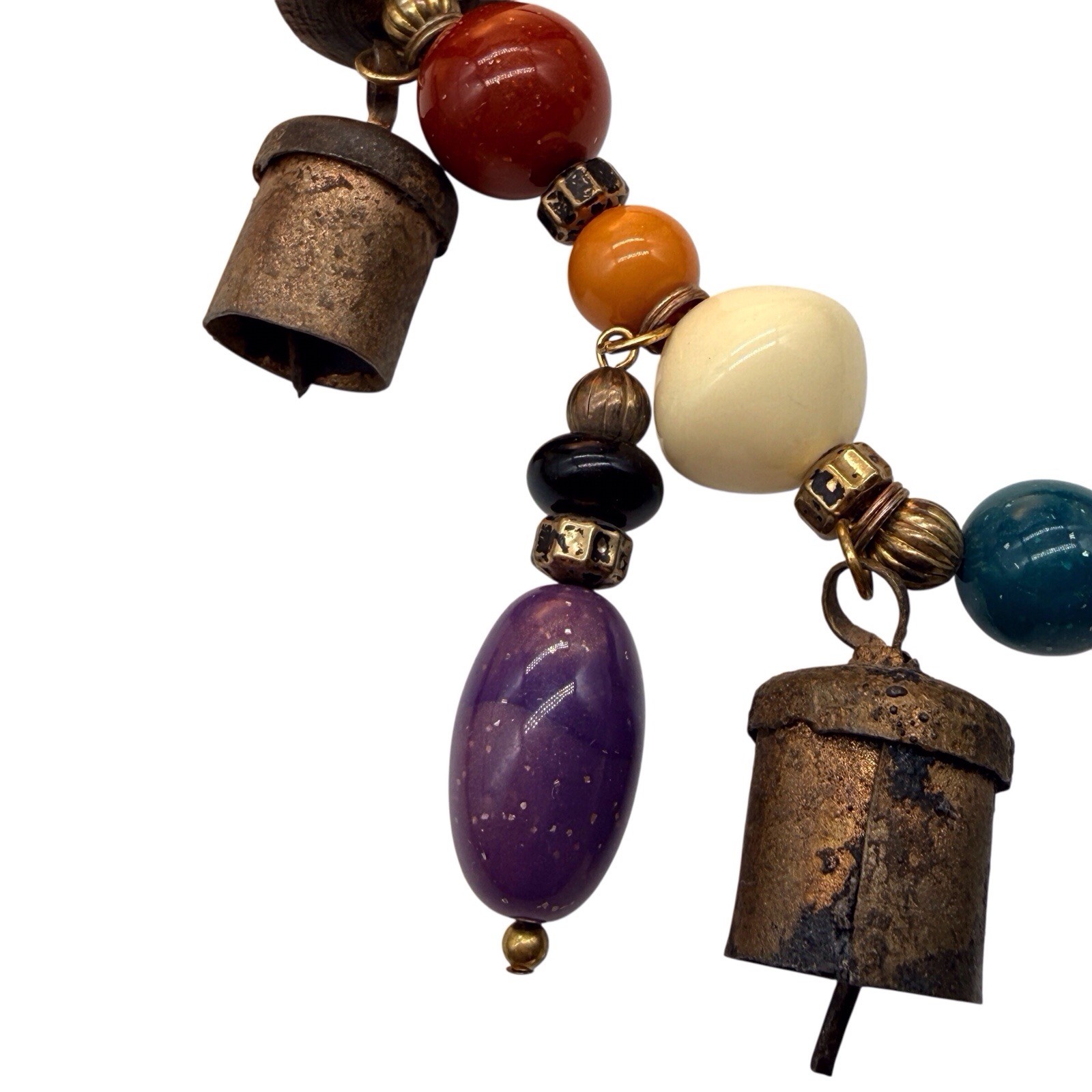 Vintage Carole Dauplaise Necklace BOHO Tibetan Prayer Bells Wood Ceramic Bead B3