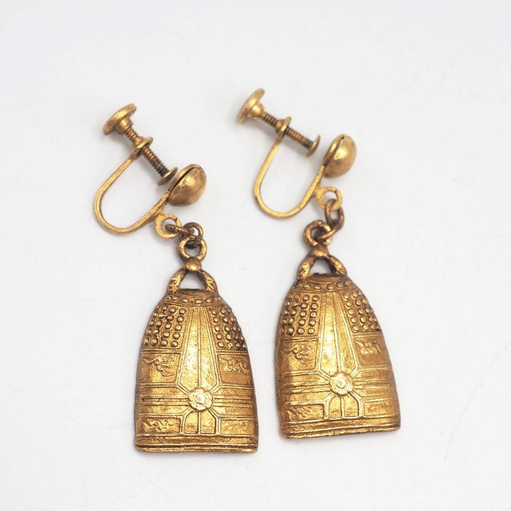 Alva Museum Replicas Japanese Temple Bells Pendant Earrings Screw On