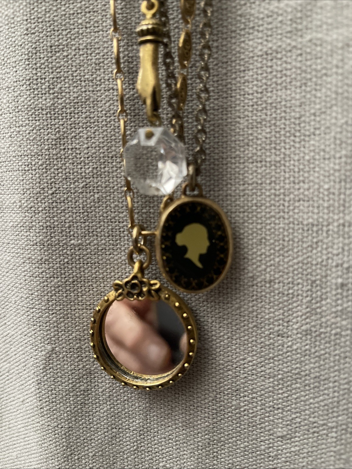 Vtg John Wind Maximal Art chain with three charms Mirror Hand Cameo