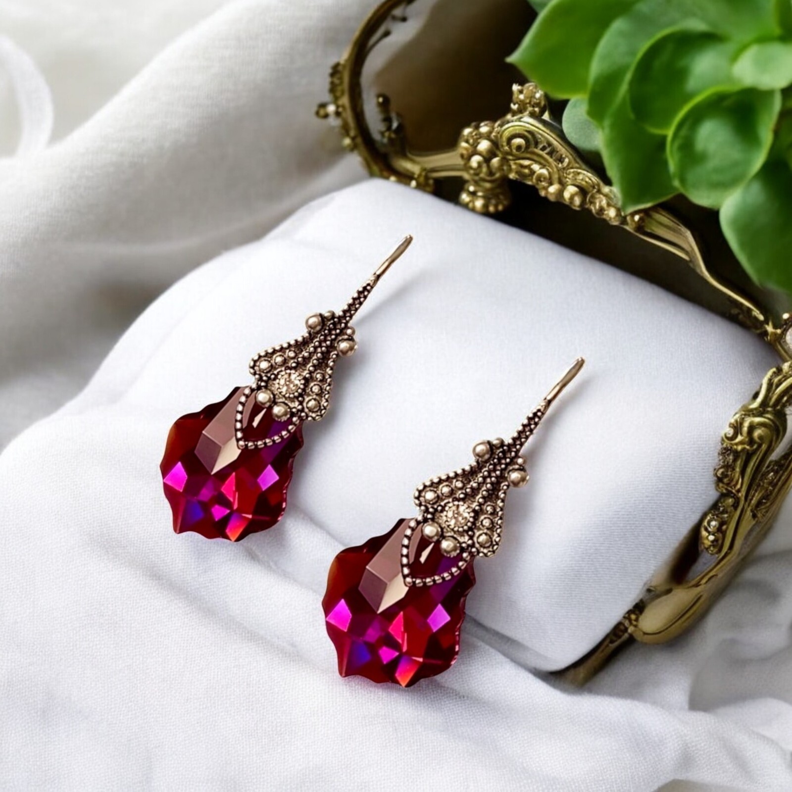 Austrian Crystal Red Iridescent Vintage Victorian Dangle Earrings for Woman