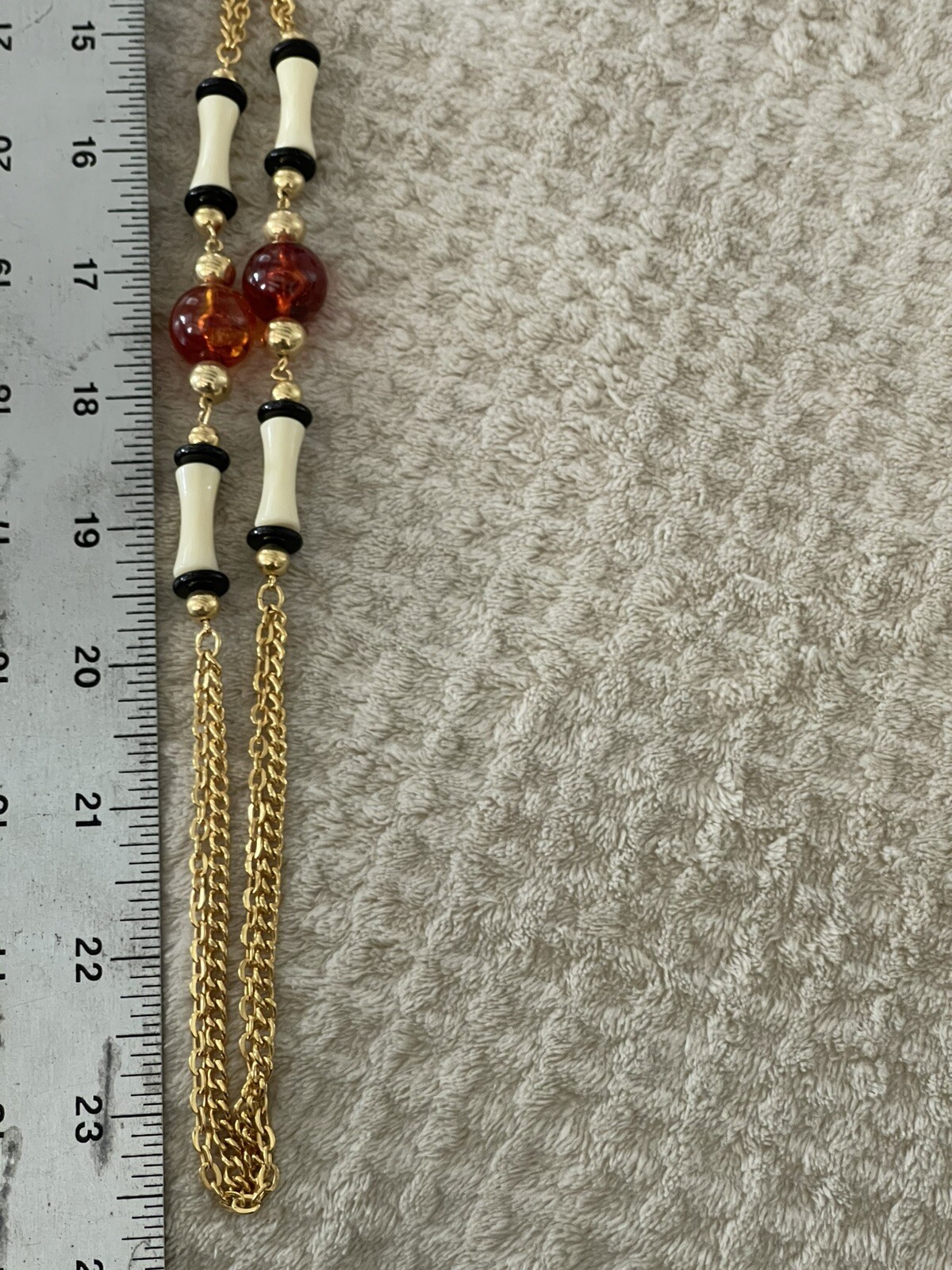 Vintage 24” Gold Tone Black, Cream & Amber Colored Beads Necklace
