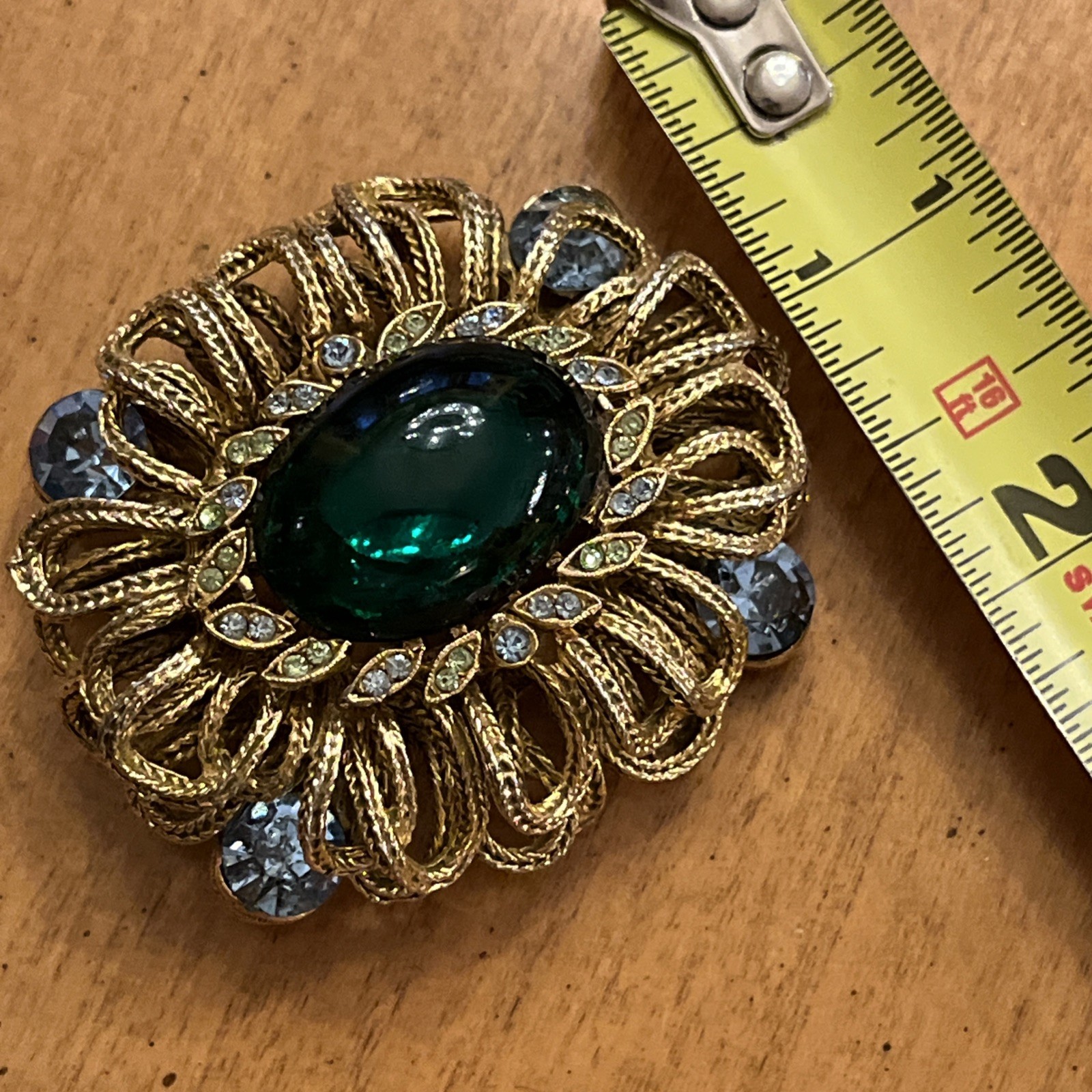 Vintage Capri Green Gripoix Glass Cabochon Blue Green Rhinestone Ornate Brooch