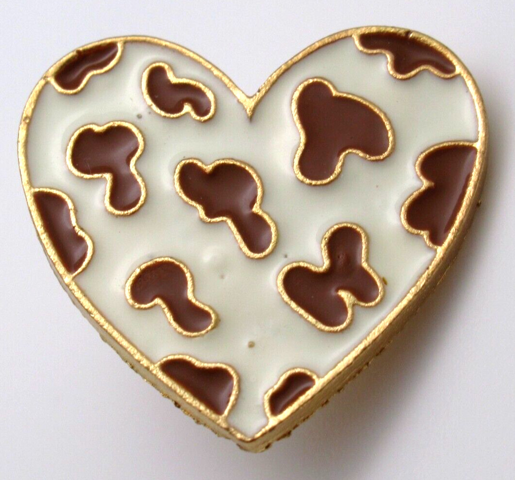 Cow Print Heart Lapel Pin Gold Tone Border Country Western Aesthetic