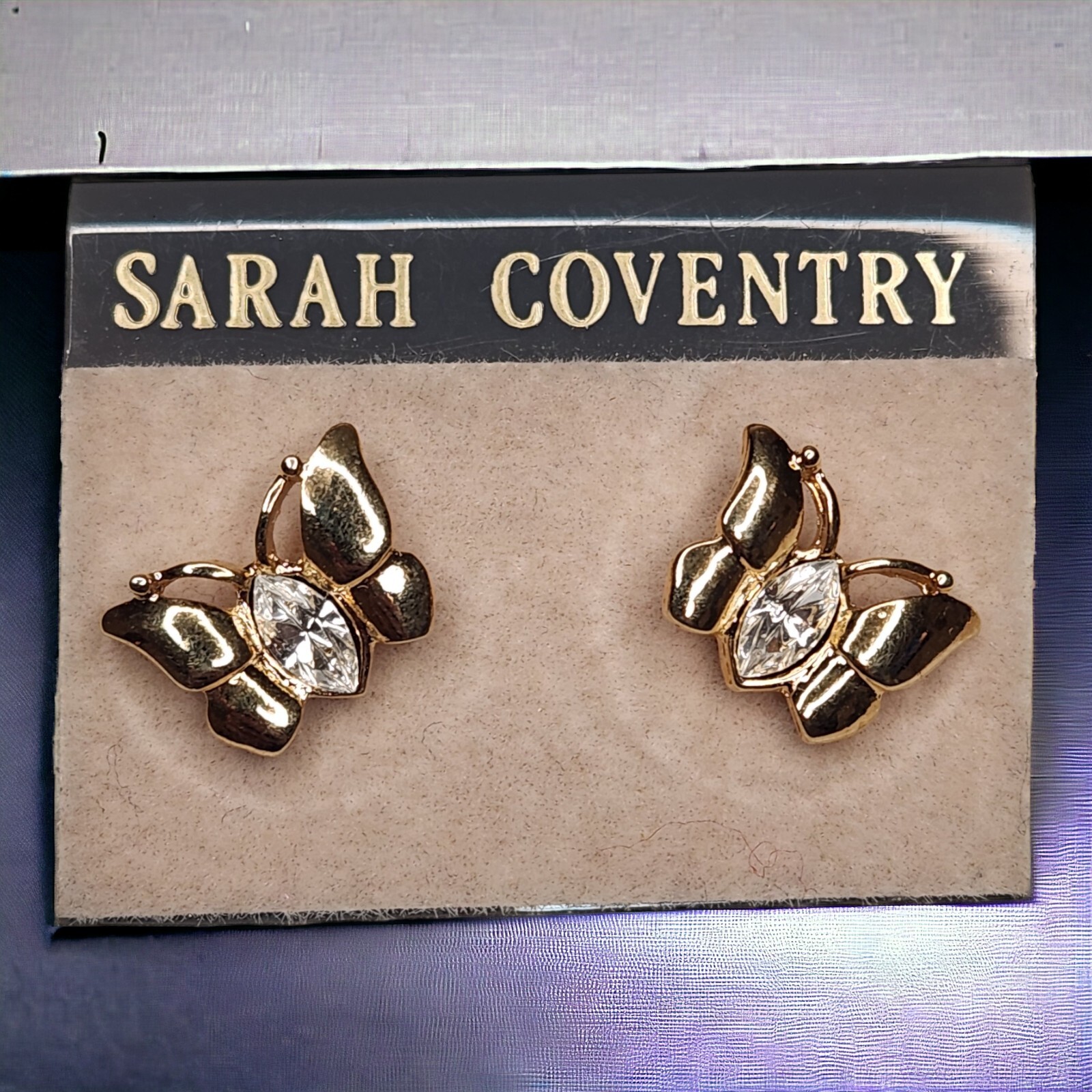 Sarah Coventry Goldtone Butterfly Earrings Clear Rhinestone Post Set 1/2 Inch