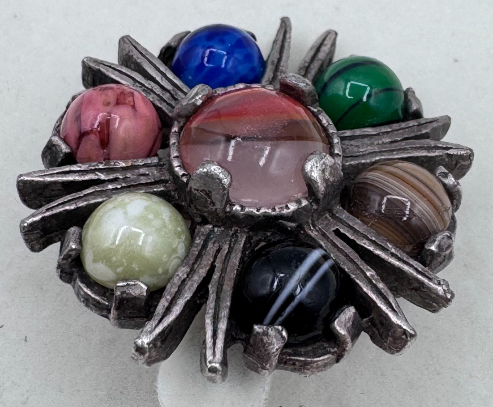 Vintage Miracle Scottish Celtic Pewter Agate Multi-Stone Starburst Brooch Pin