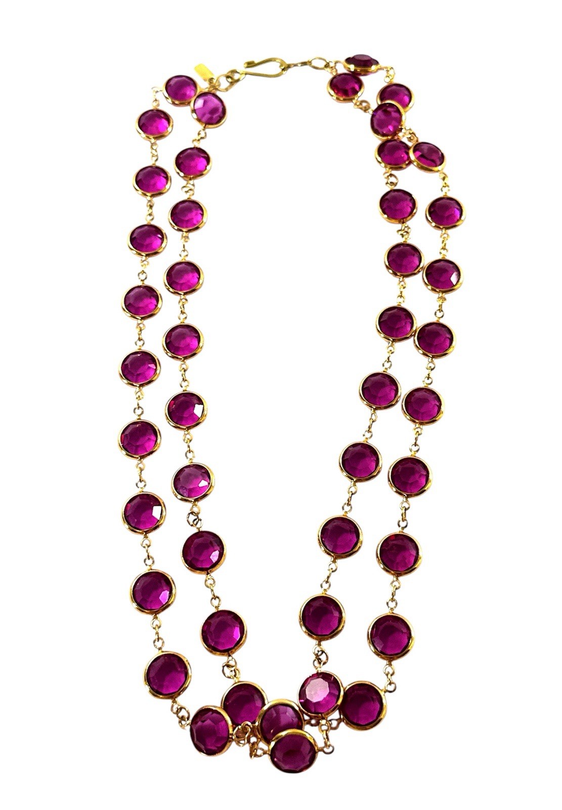 Vintage Swarovski Fuchsia Crystal Station Necklace 36” Gold Tone Open Back Bezel