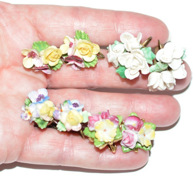 Vintage lot Denton and Staffordshire England Bone China brooches/earrings, as is