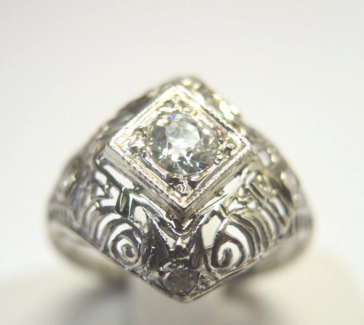 Antique Art Deco Diamond Engagement 18K White Gold Ring Size 5.75 EGL USA