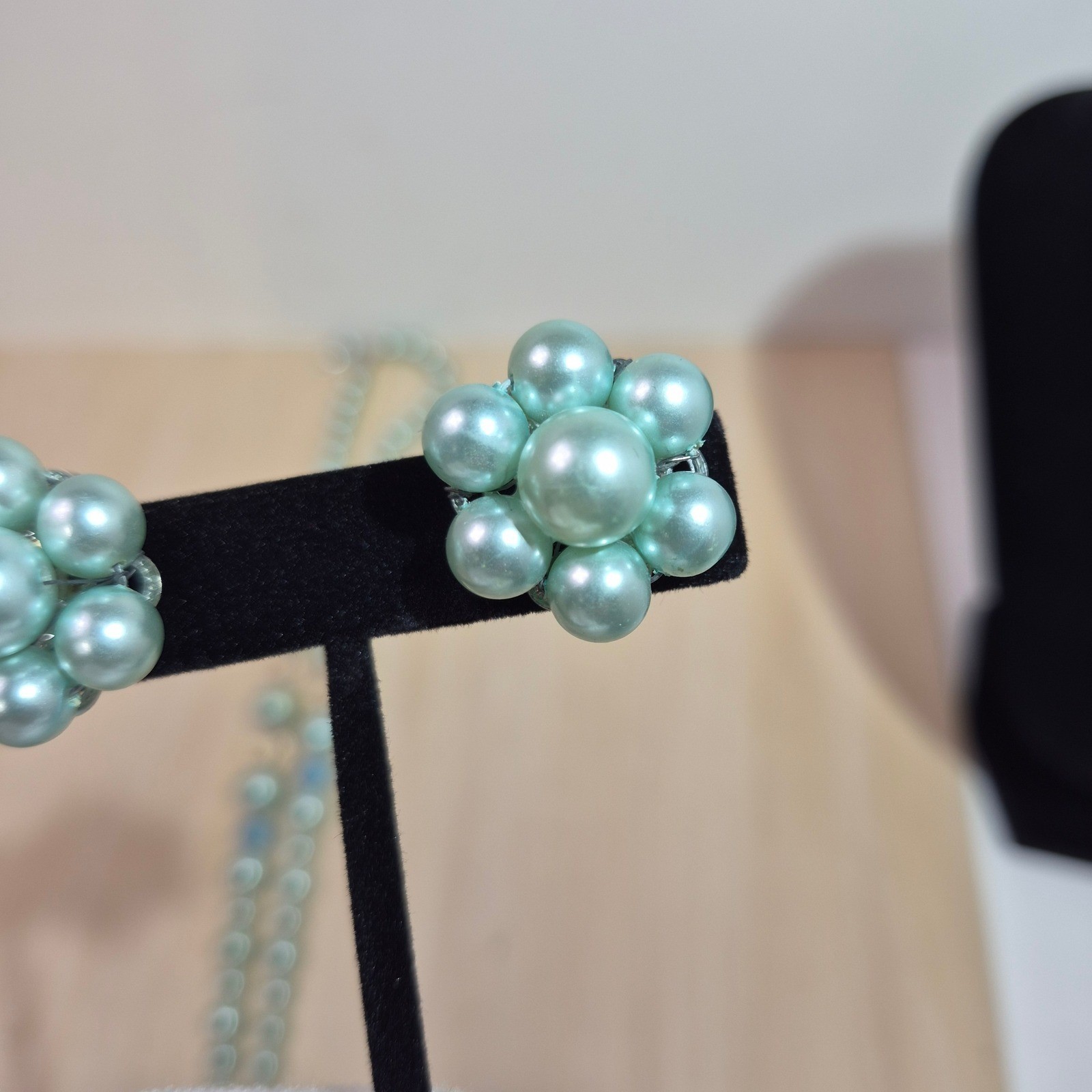Vintage Seafoam Green Faux Pearl Y-Drop Necklace and Cluster Clip-On Earrings