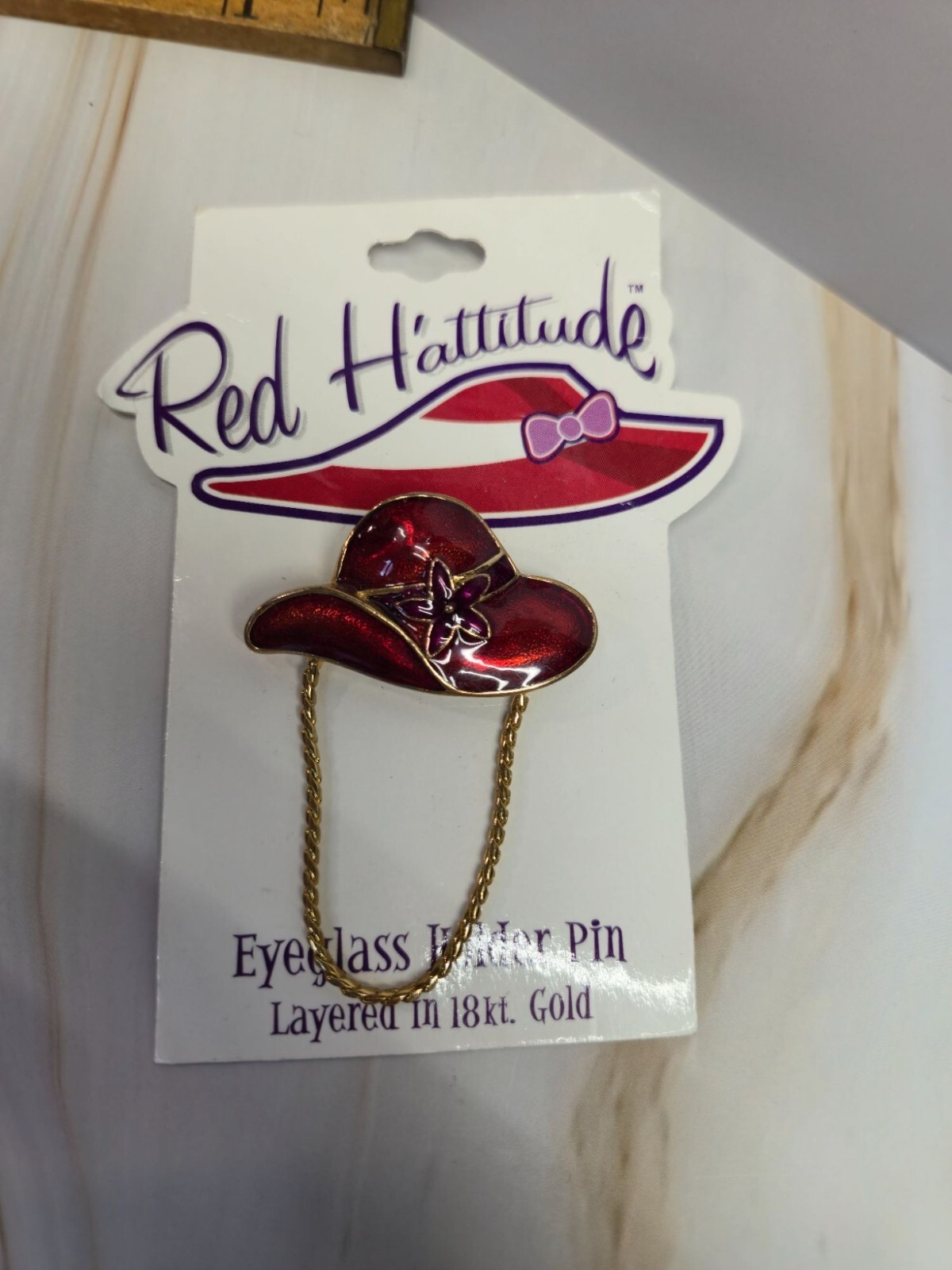 NEW 18K Gold Red Hattitude hat Society Eyeglass Holder Pin Brooch Vintage NOS