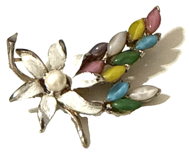 Vintage Floral Brooch Purple Pink Blue Yellow Cabochon White Enamel Pin 2.5″