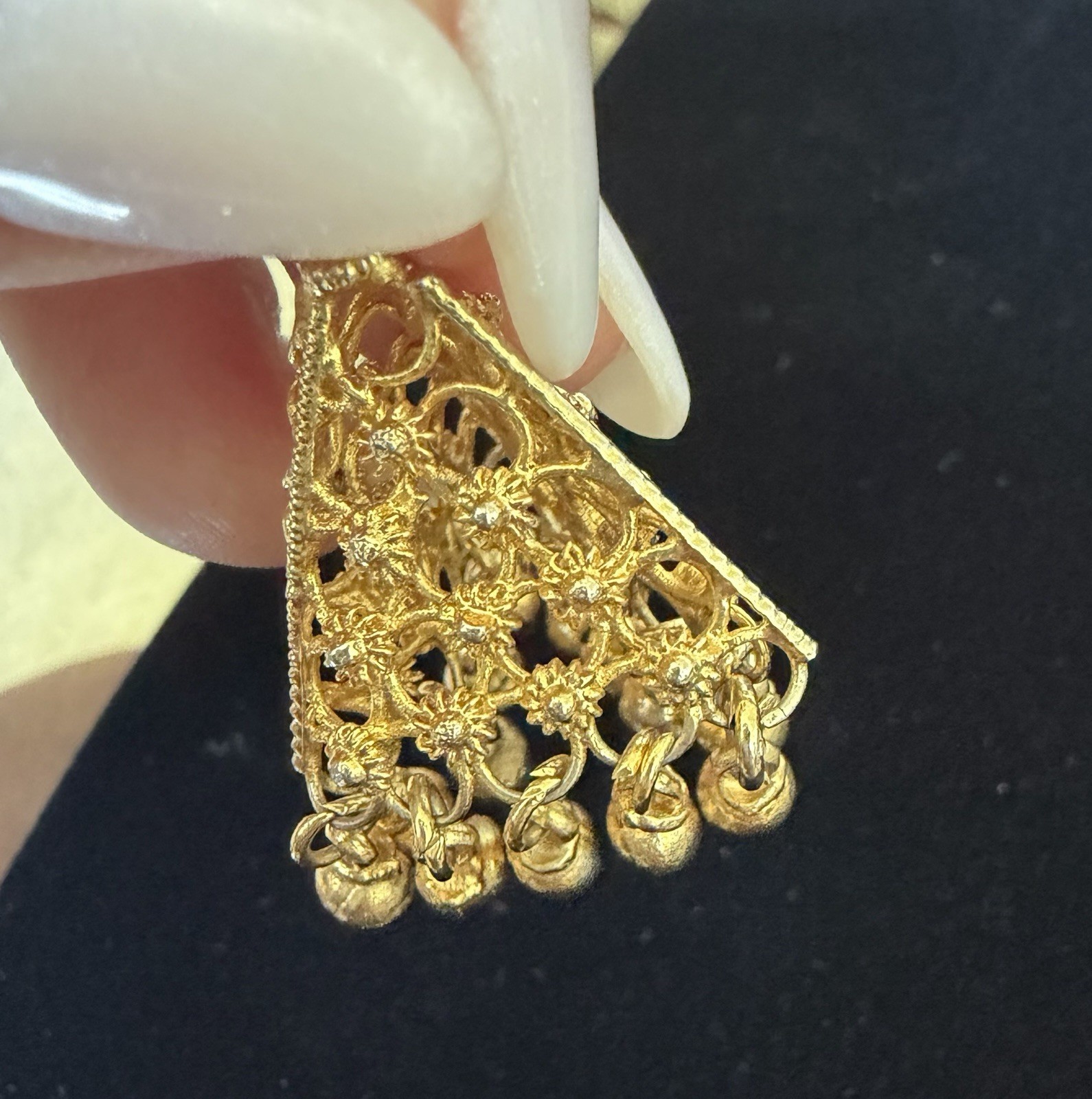 Gold Tone Filigree Dangle Pendant Boho Ethnic Tribal Charm w/ Bead Fringe