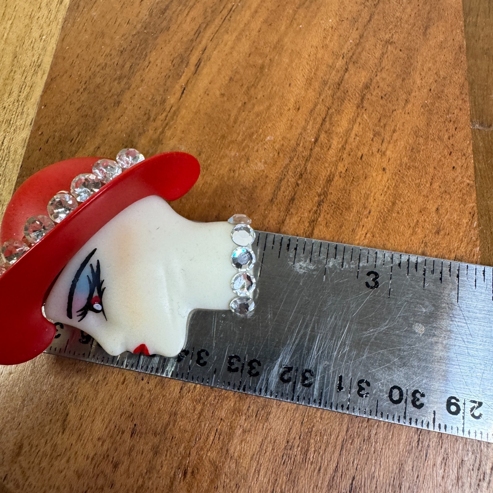 Vintage Red Hat Society Lady Face Brooch Lucite Rhinestone Pin Mid Century Glam