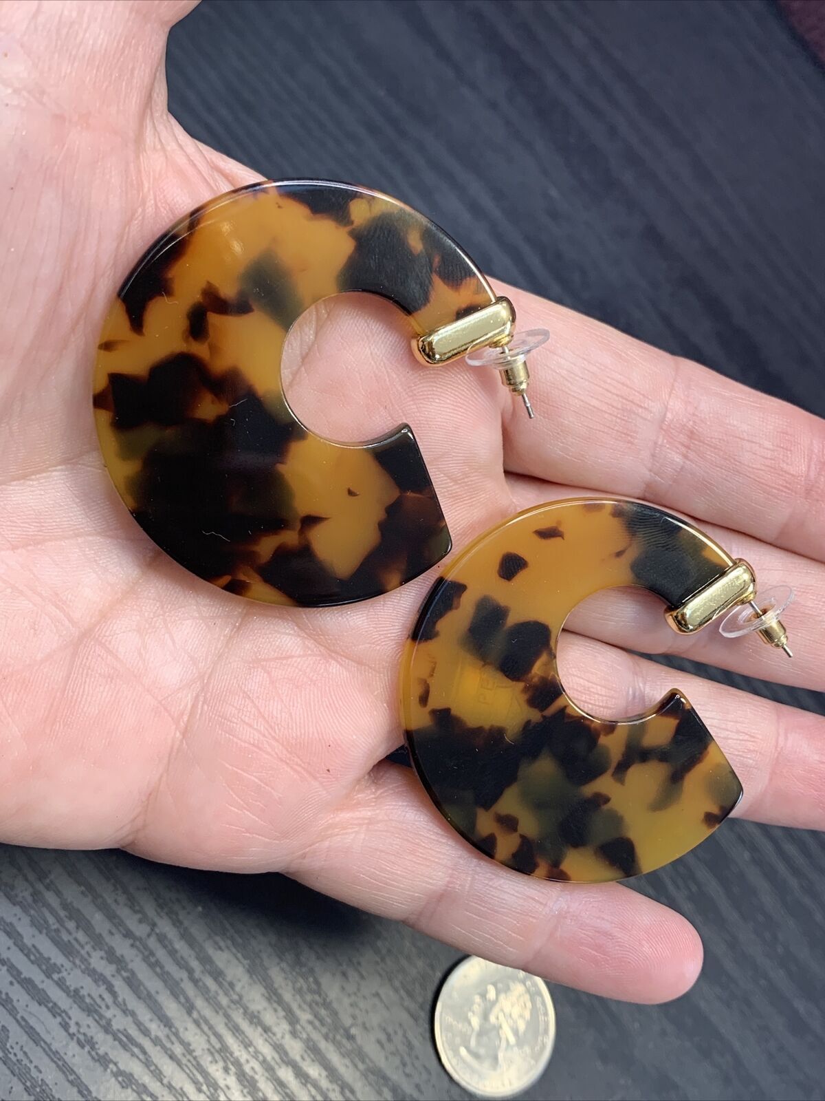 Half Hoop Earrings Large Imitation Tortoiseshell Pierced Earrings Almost 2”