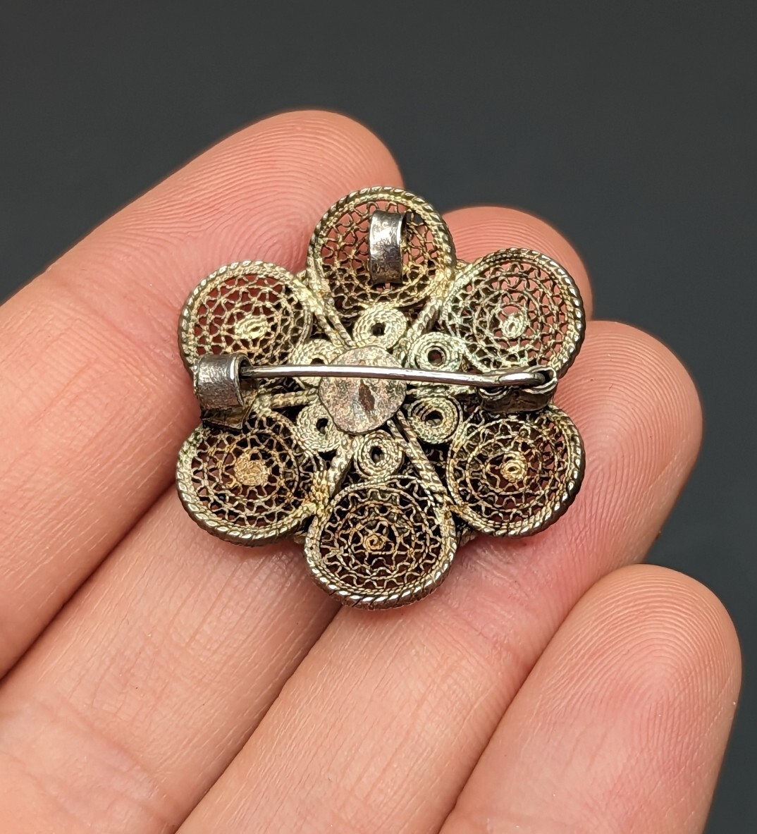 Vtg Sterling Silver Cannetille Filigree Flower Red Brooch Pin Pendant C-Clasp